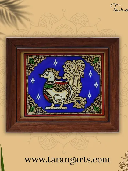 Another beautiful depiction of the Annapakshi in a glass painting. The rich blue background and starry details create a celestial feel, highlighting the divine nature of this mythical bird.
