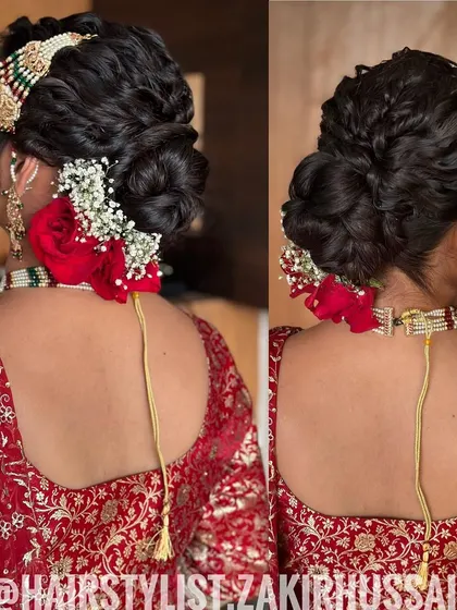 This collage shows a textured updo with red roses from different angles. The messy curls within the bun add a modern touch to the traditional floral hairstyle.