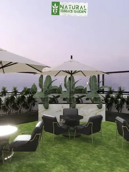 3D concept for a rooftop cafe-style seating area in Model Town. The design uses multiple tables with umbrellas on an artificial lawn, perfect for social gatherings.