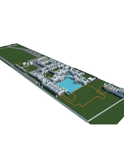 A 3D model of the full Karunashraya campus, showing the original hospice and the location of the new extension.