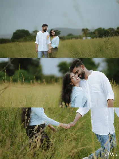 A collage of a couple's romantic walk through a tall grassy field, telling a story of their journey together.