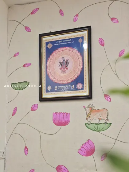 The final composition of the Pichwai mural on the jute surface. The artwork successfully frames the central Shrinath ji picture, creating a complete and harmonious sacred space.