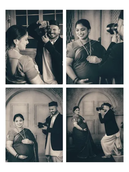 This black and white collage presents a narrative of the couple's playful interaction. Each frame contributes to a story of joy and partnership, rendered in a timeless monochrome palette.