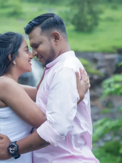 A close-up shot capturing the intimate connection between the couple during their waterfall pre-wedding shoot. These are the moments that truly matter.