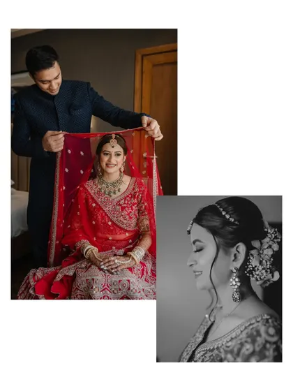 A collage showing a tender moment where the groom helps the bride with her veil. It's these small acts of love and care that create the most beautiful memories.
