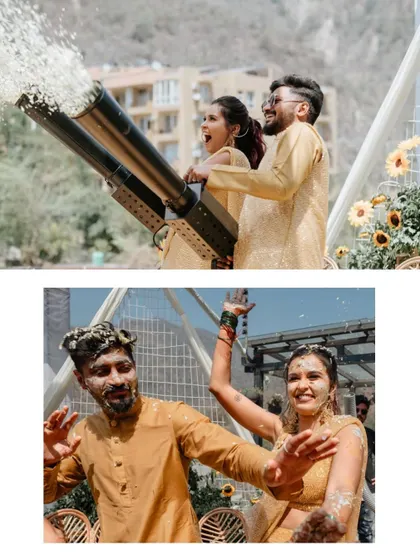 A collage showing the wild and fun moments of a Haldi. From being blasted with a flower cannon to the playful smearing of turmeric, it's a testament to the day's excitement.