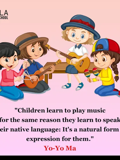 An illustration of children playing music together. I believe learning music is a natural form of expression for children, just like learning to speak.