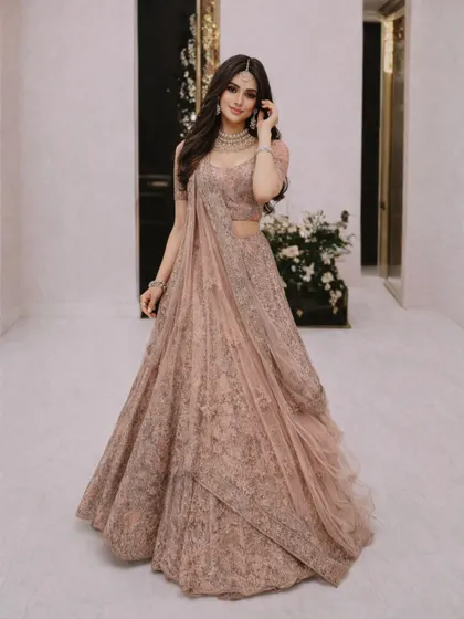 This image highlights the intricate embroidery and the graceful way the pre-draped dupatta falls, making it a hassle-free yet stunning option.