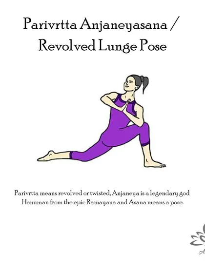 Parivrtta Anjaneyasana (Revolved Lunge Pose) strengthens the quadriceps and glutes, improves balance, and tones the abdominal organs.