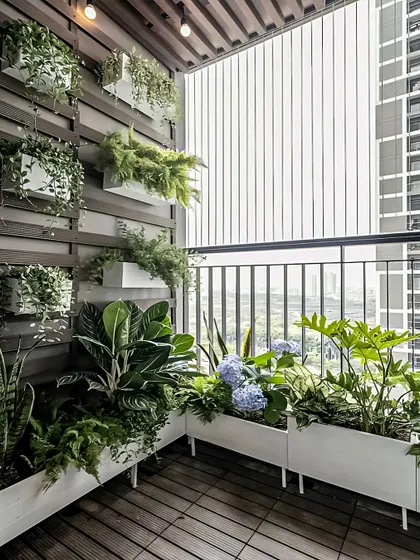 This balcony combines wooden decking with layered white planters for a clean, Scandinavian-inspired look. The mix of upright plants and trailing greenery on the slatted wall adds depth and texture, creating a serene and modern green space.