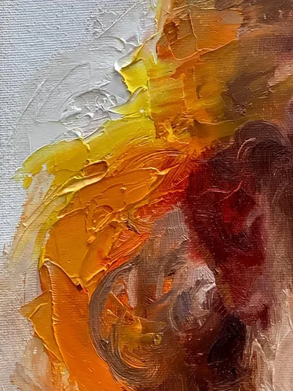 A close-up detail from the "WARM" series, showing the thick impasto knife work.
