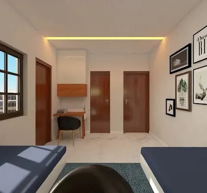 A practical design for a shared bedroom or hostel room, featuring two single beds and a compact study area. The gallery wall adds a personal and motivational touch to the space.