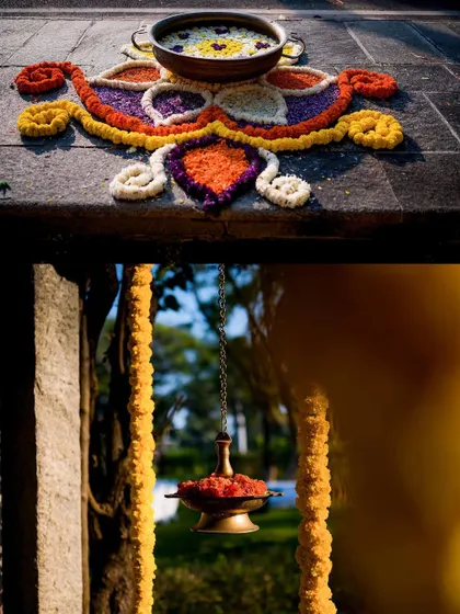 A collage of colorful floral decor details, including a beautiful rangoli and a hanging brass lamp.