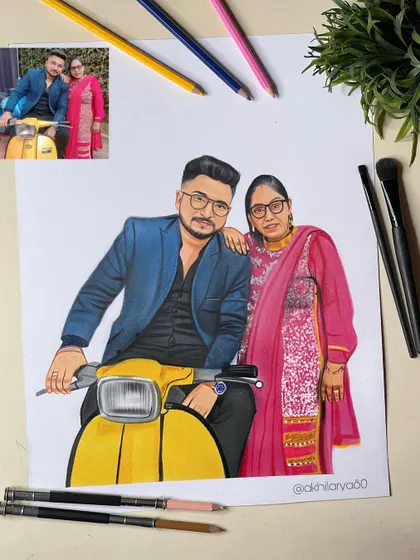 A fun and unique couple portrait featuring a classic scooter. This A3 colored pencil drawing tells a story and captures a shared interest, making it a truly personal gift.