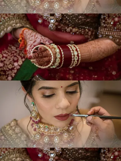 A collage focusing on the details of the bride getting ready. It shows the final touches of makeup and the intricate design of her bangles and henna.