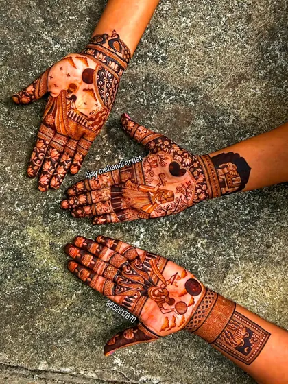 We create special designs for every festival. This photo shows three different Karwa Chauth themed designs, each telling a part of the festival's story.