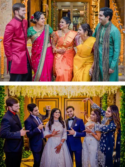 A collage of the couple with their friends and siblings. These group photos are full of fun, personality, and love.