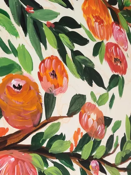 A close-up of the flowers and leaves. I used a loose, painterly style to give the mural an artistic and organic feel.