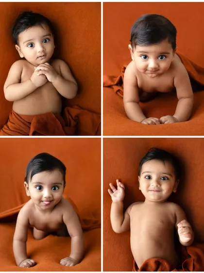 A collage of a six-month-old baby exploring different expressions. From curious looks to big smiles, this is the perfect age to capture their budding personality.