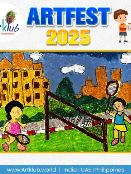 This junior artwork shows a tennis match with a city skyline in the background. The artist has captured the dynamic poses of the two players.