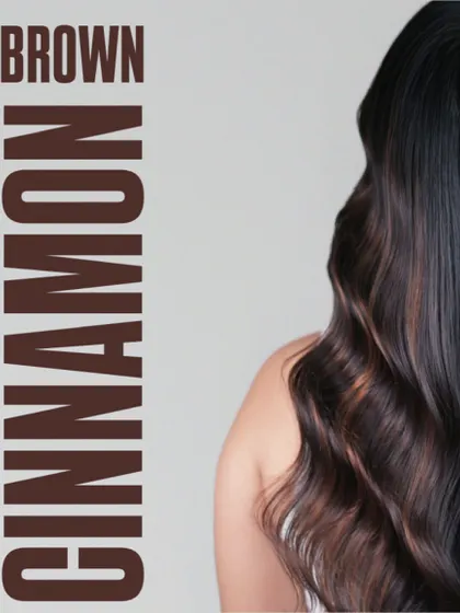 A graphic showcasing our "Brown Cinnamon" color. This style is perfect for adding a touch of warmth and spice to your natural brunette hair.