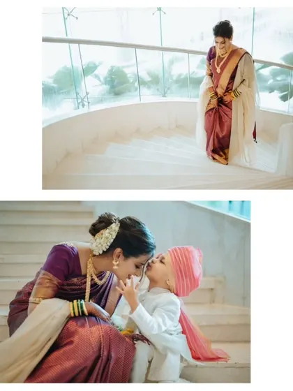 A touching moment between the bride and a young child, contrasted with a graceful shot of an elder family member.