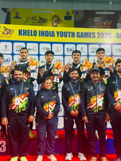 The complete Maharashtra Foil team and coaching staff celebrating their bronze medal win at the Khelo India Youth Games. Our club is a significant contributor to the state's success.