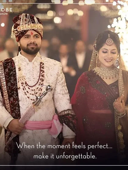 The royal entry. This couple makes a statement with the groom in a majestic sherwani and the bride in a classic maroon lehenga. Rent your coordinated wedding looks with me.