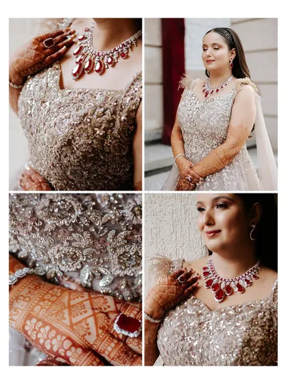 A collage showcasing the bride Ayushi's stunning gown and ruby jewelry for her D-day, capturing details of her elegant and glamorous look.