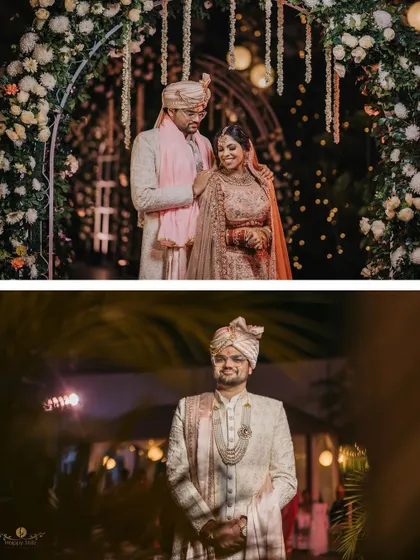 A diptych showing the couple posing under their floral wedding arch and a solo portrait of the handsome groom.