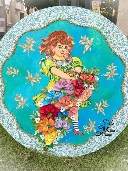 This piece was a fun challenge, combining a painted figure with my 3D floral art. I created a girl carrying a basket overflowing with a cascade of sculpted flowers that seem to spill out of the painting.