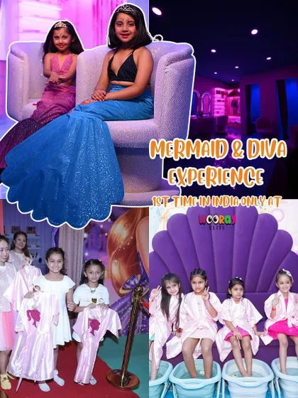 A showcase of our two signature experiences. The top photo captures the magic of our 'Mermaids of Wooray', while the bottom photos highlight the pampering fun of 'Divas of Wooray'.