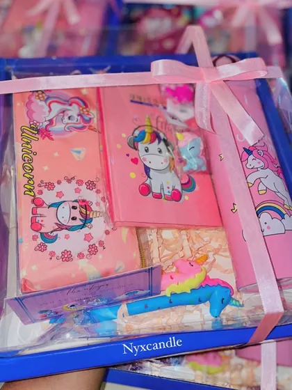 This Unicorn-themed hamper is another one of our popular stationery sets, featuring a pencil pouch, diary, water bottle, and other cute accessories.