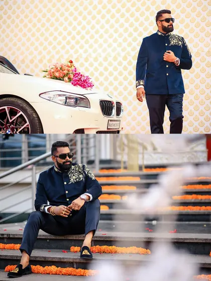 The groom looking dapper beside a BMW, showcasing a modern and luxurious pre-wedding style.