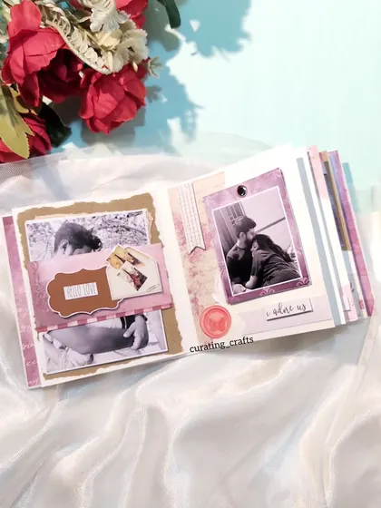 An inside page of the vintage mini scrapbook, showing how I layer photos with textured paper.