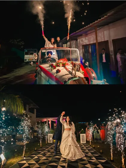 The couple makes a grand entrance in a vintage car, surrounded by sparklers, setting a glamorous tone for their reception.