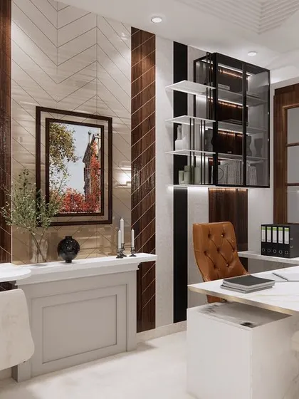 This wide view of the Mathura home office shows the complete layout, with separate workstations and a central fireplace element. The design is balanced, symmetrical, and highly functional.
