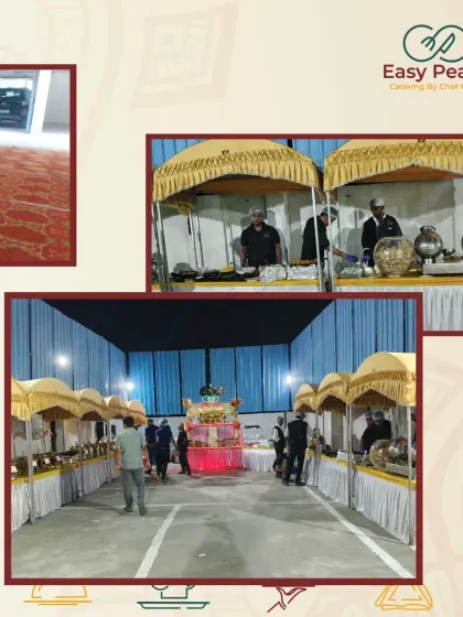 This collage showcases our versatile outdoor stall setups. These covered stations are perfect for fairs, large gatherings, and outdoor weddings, protecting the food and staff.