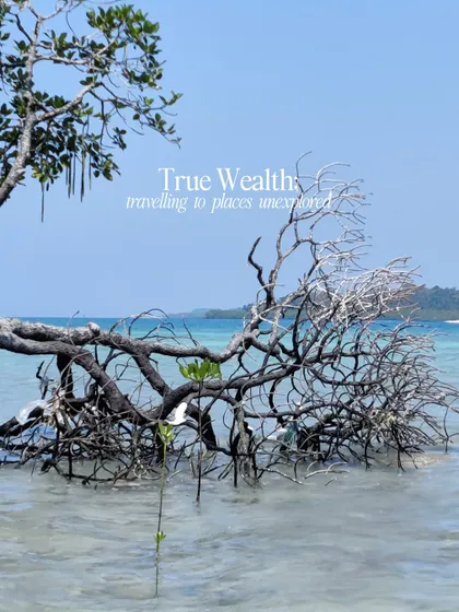 A serene beach scene with a quote about travel being true wealth. This image combines beautiful scenery with a reflective thought, which is a key part of my visual storytelling style.