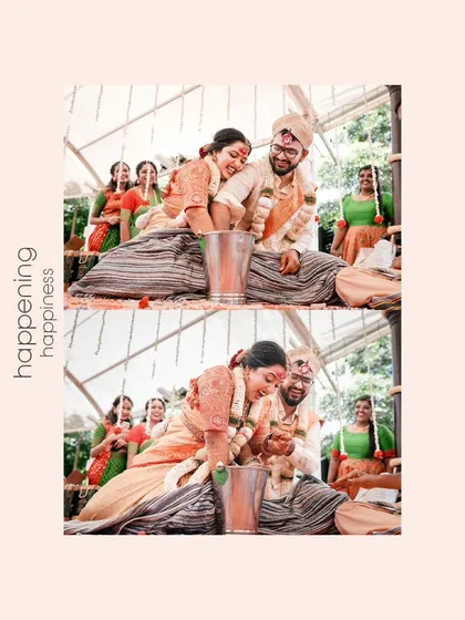 A collage of a fun wedding game, where the couple playfully searches for a ring in a pot, a moment of "happening happiness".