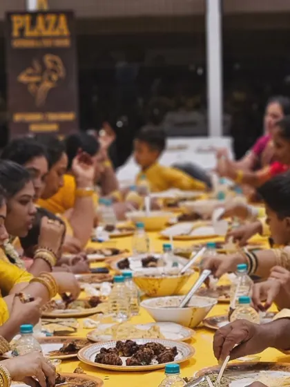 A Haldi ceremony feast with a yellow color theme. We ensure our setup matches your event's theme, providing a memorable dining experience for all your special pre-wedding functions.