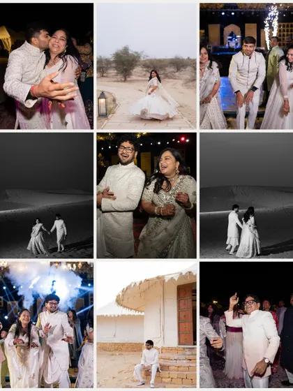 A collage of moments from the "Ivory Dream" sangeet, from dancing on the dunes to partying under the stars.