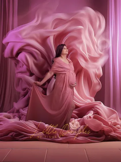 I love playing with fabric and light to create dramatic, artistic portraits. The swirling pink fabric in this shot adds a sense of movement and magic to the entire scene.