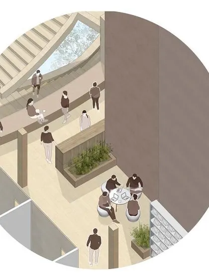 A detailed view from our competition entry, showing how informal breakout spaces are integrated into the office layout. These small nooks with comfortable seating and planters are designed to encourage spontaneous collaboration and social interaction.