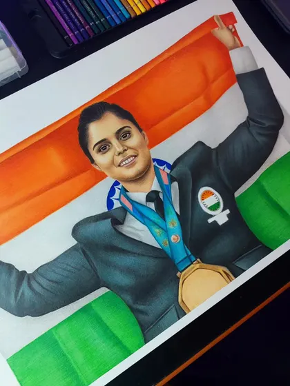 This A2 size colour pencil sketch of a world champion holding the Indian flag was a project that filled me with pride. It took nearly 50 hours to complete, focusing on the vibrant colours and the gold medal.