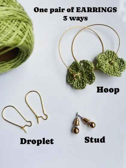This graphic shows all three ways you can wear my convertible floral earrings: as a hoop, a droplet, or a simple stud.