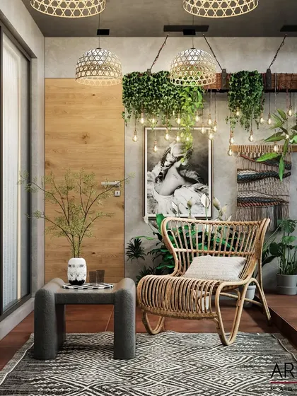 This balcony is a haven of natural textures, with a rattan chair, a jute rug, hanging plants, and a macrame wall hanging creating a bohemian-inspired retreat.
