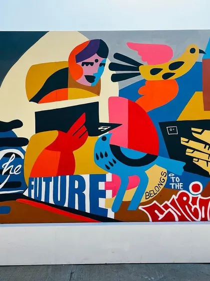 A full shot of the abstract canvas, showing the complete composition. The design combines human figures, birds, and technology to represent curiosity and learning.