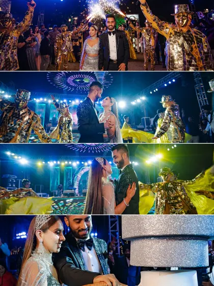 This collage captures the high-octane energy of Amrita and Ketan's Sangeet. From their grand entrance with mirror-costumed dancers to the cake cutting, it’s a summary of their wild party.
