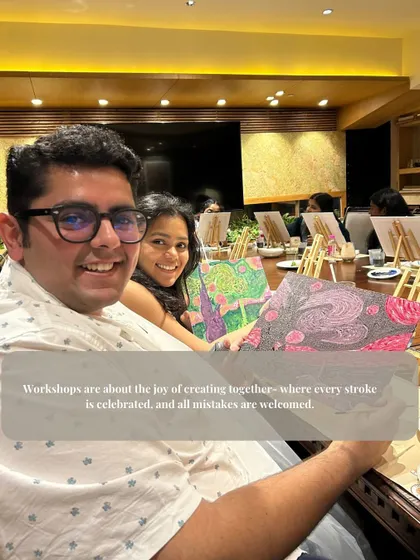 A smiling participant at a private party, proud of his creation. My workshops are all about the joy of creating together, where every brushstroke is celebrated and all mistakes are welcomed.